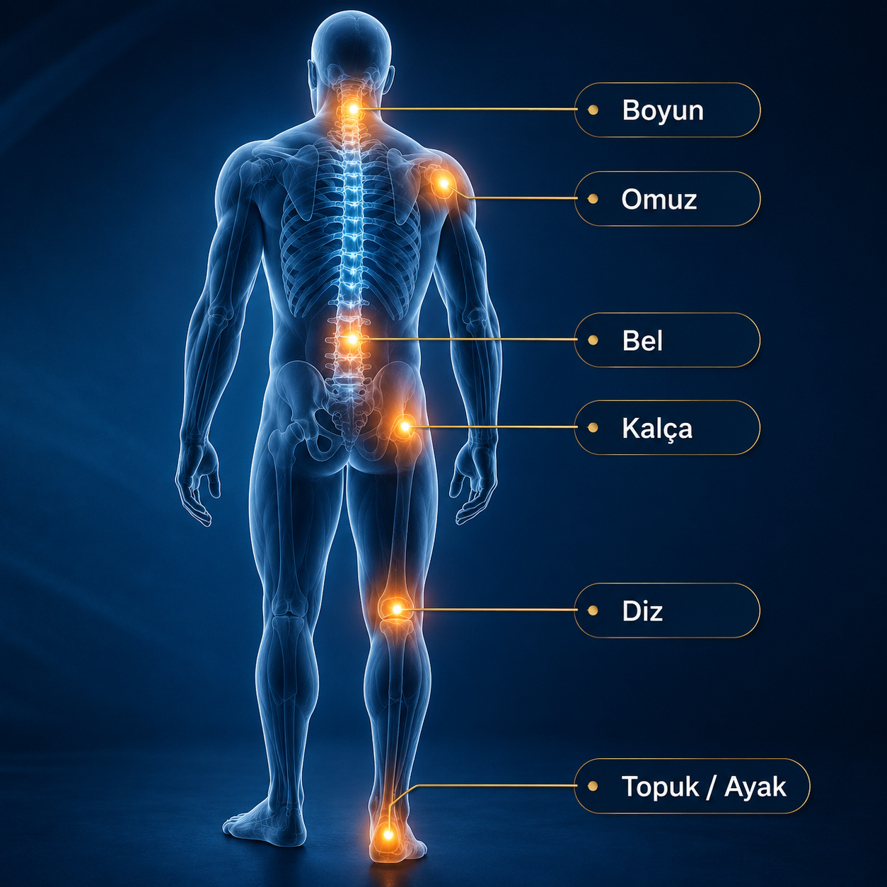 Boyun, omuz, bel, kalça, diz ve topuk bölgelerini gösteren insan anatomisi